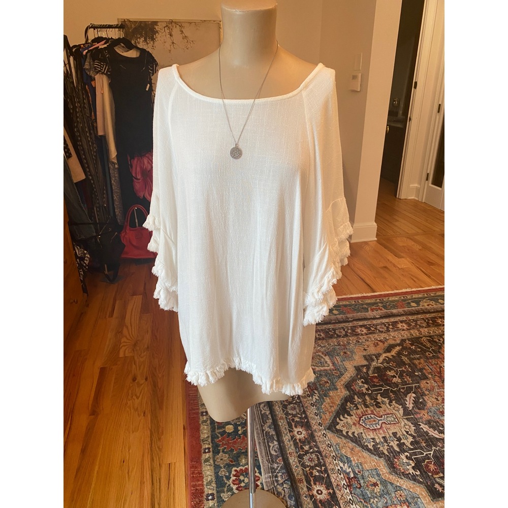 Umgee USA White Linen Cotton Frayed Fringe‎ Tiered Ruffle Sleeve Tunic Top S
